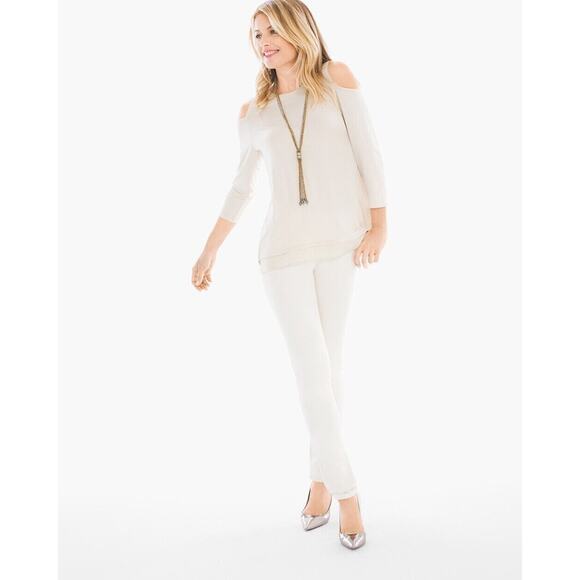 Chicos Top Womens 4 Beige Tunic Cold Shoulder Split Back Gold Dots Contrast Hem - Picture 14 of 16